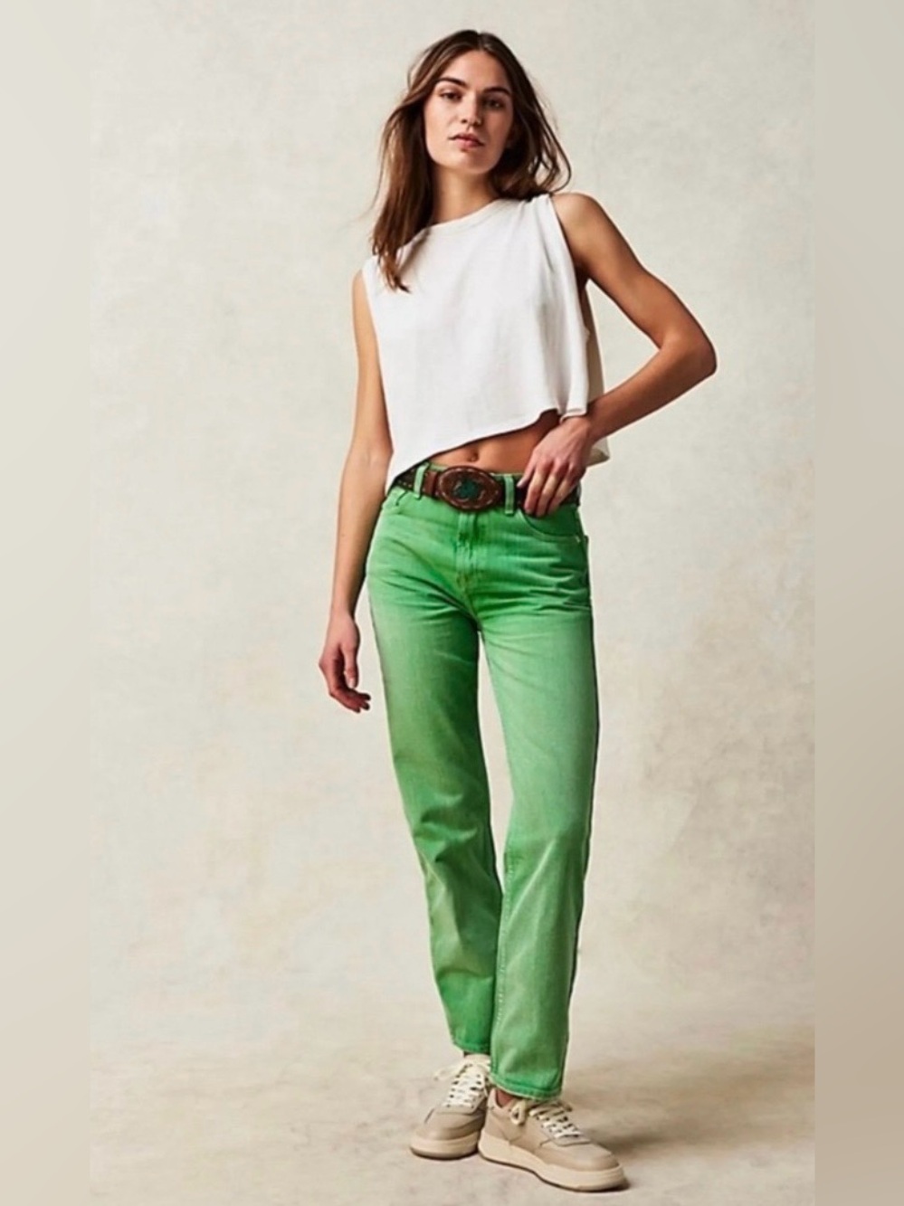 NWT Free People We The Free Pacifica High Rise Slim Straight Leg Jeans Green